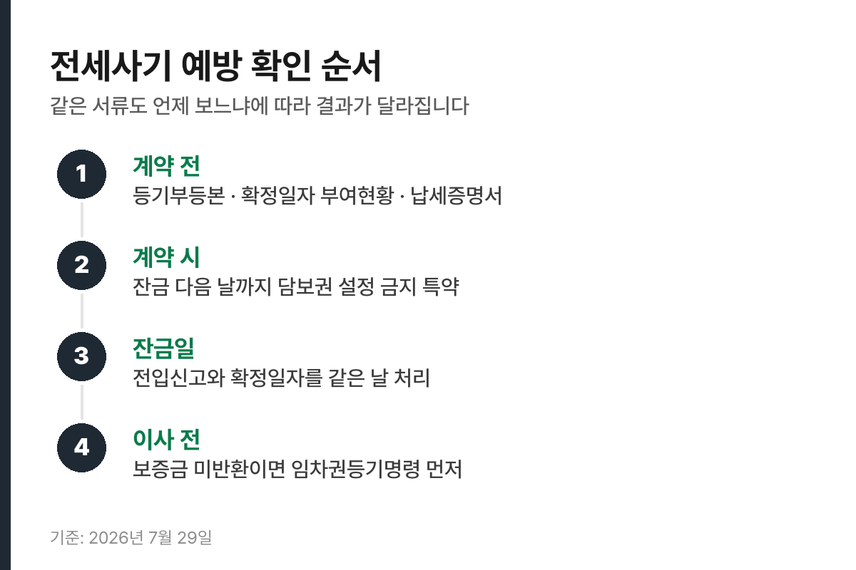 전세사기 예방 확인 순서 계약 전 계약 시 잔금일 이사 전 4단계