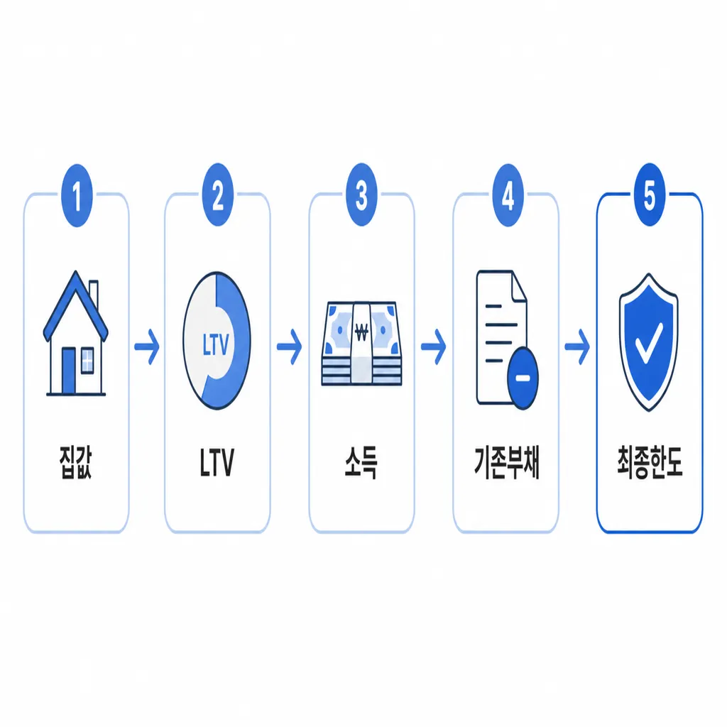주택담보대출 한도 계산 순서를 보여주는 단계 흐름도