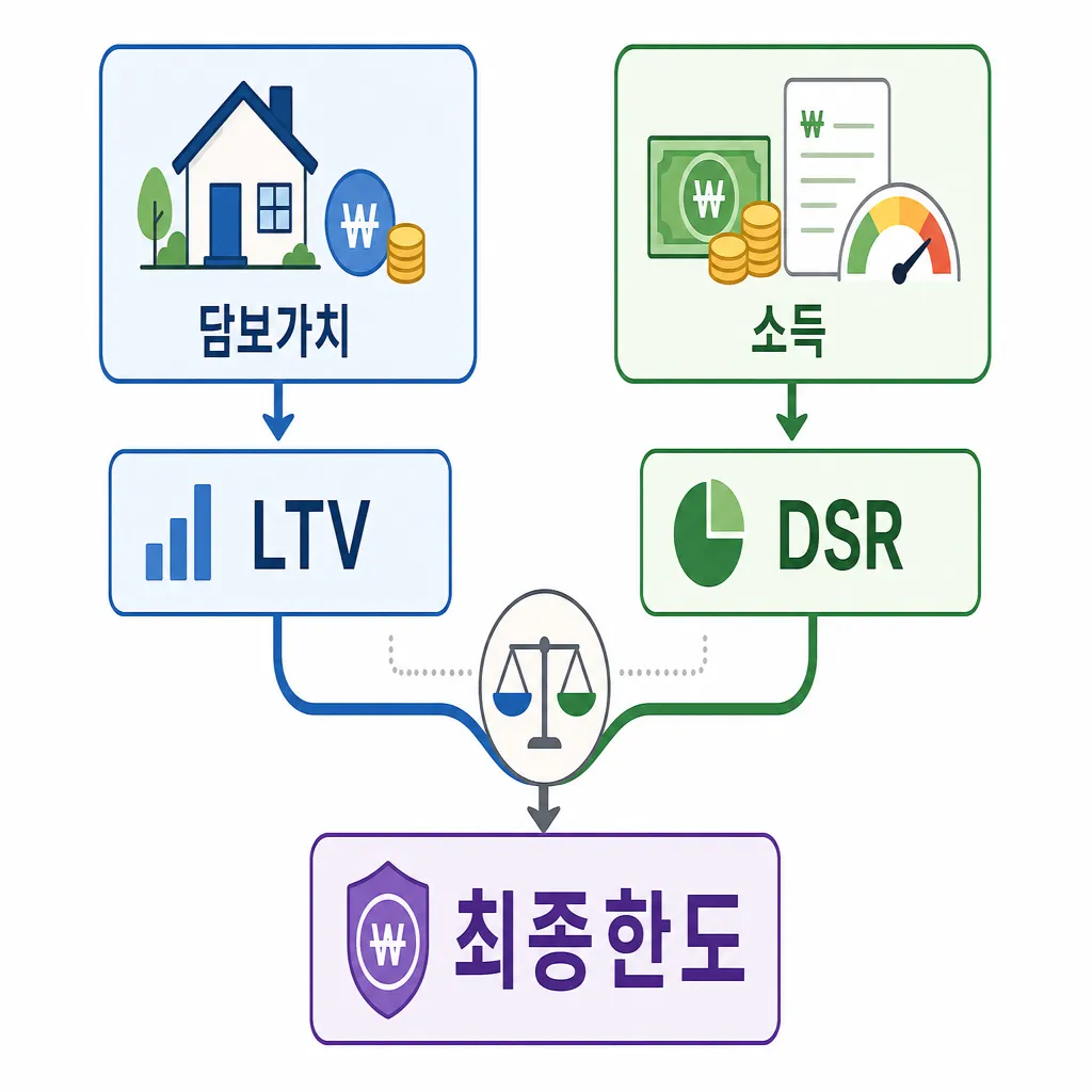 LTV와 DSR 중 낮은 값이 최종 한도가 되는 개념 도식