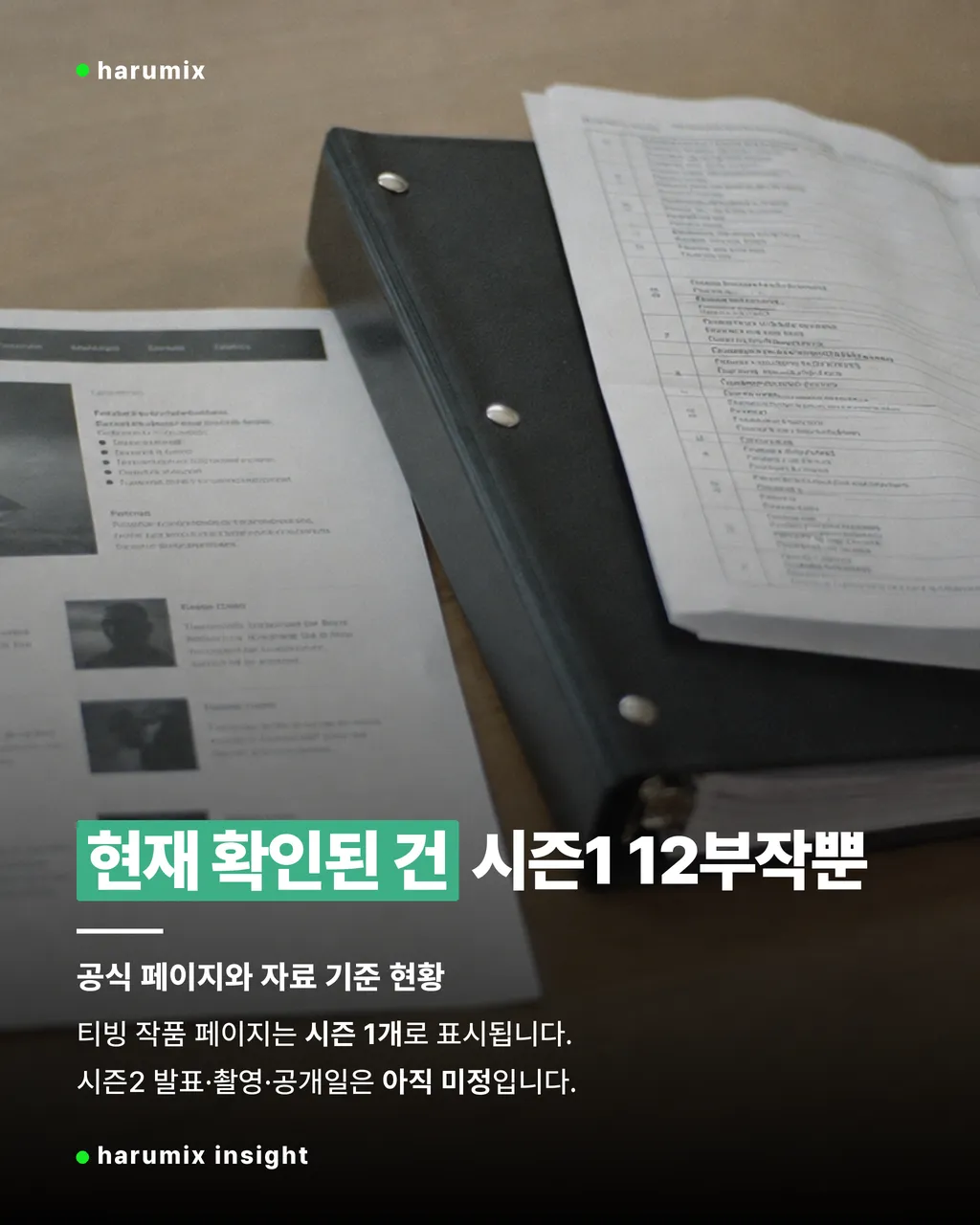 시즌1 회차 목록과 제작 서류가 놓인 책상, 현재는 시즌2 공식 발표가 없음을 보여주는 장면