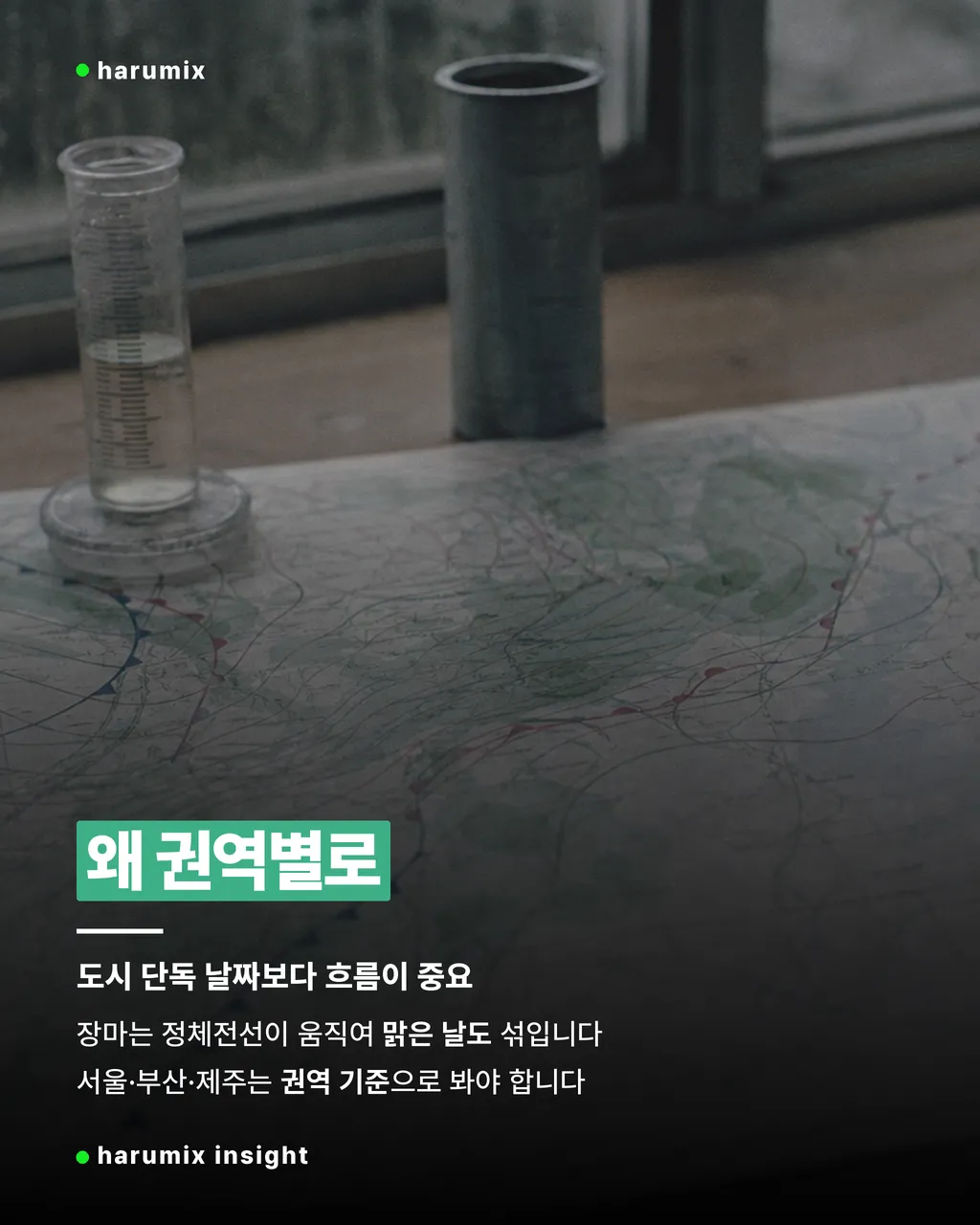 권역별 장마 흐름을 보여주는 지도와 비 예보 장비