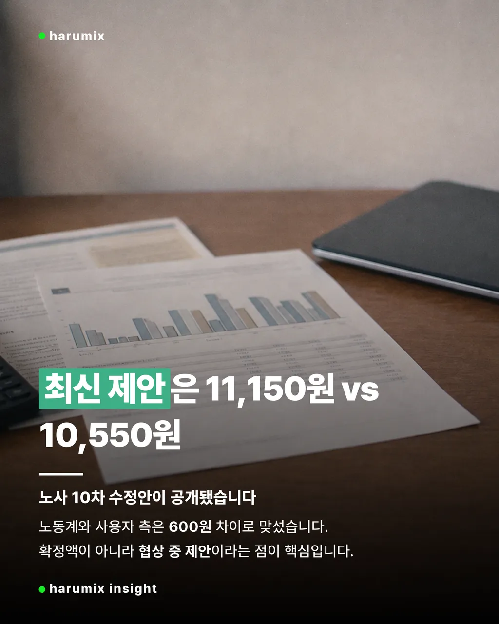 계산기와 임금 비교 문서가 놓인 책상으로 2027 최저임금 오늘 결정 결과의 최신 제안액을 보여주는 이미지
