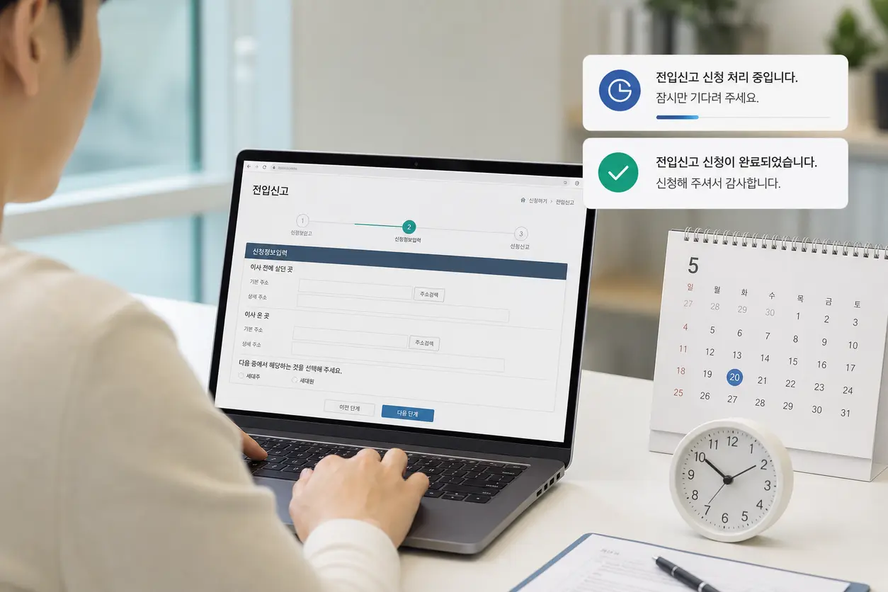정부24 전입신고 접수와 처리 완료를 비교하는 온라인 행정 화면