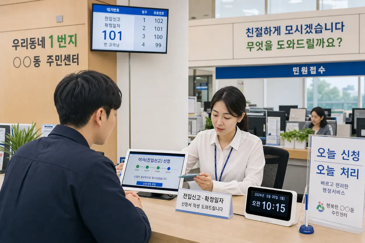 평일 업무시간에 전입신고를 검토하는 주민센터 모습