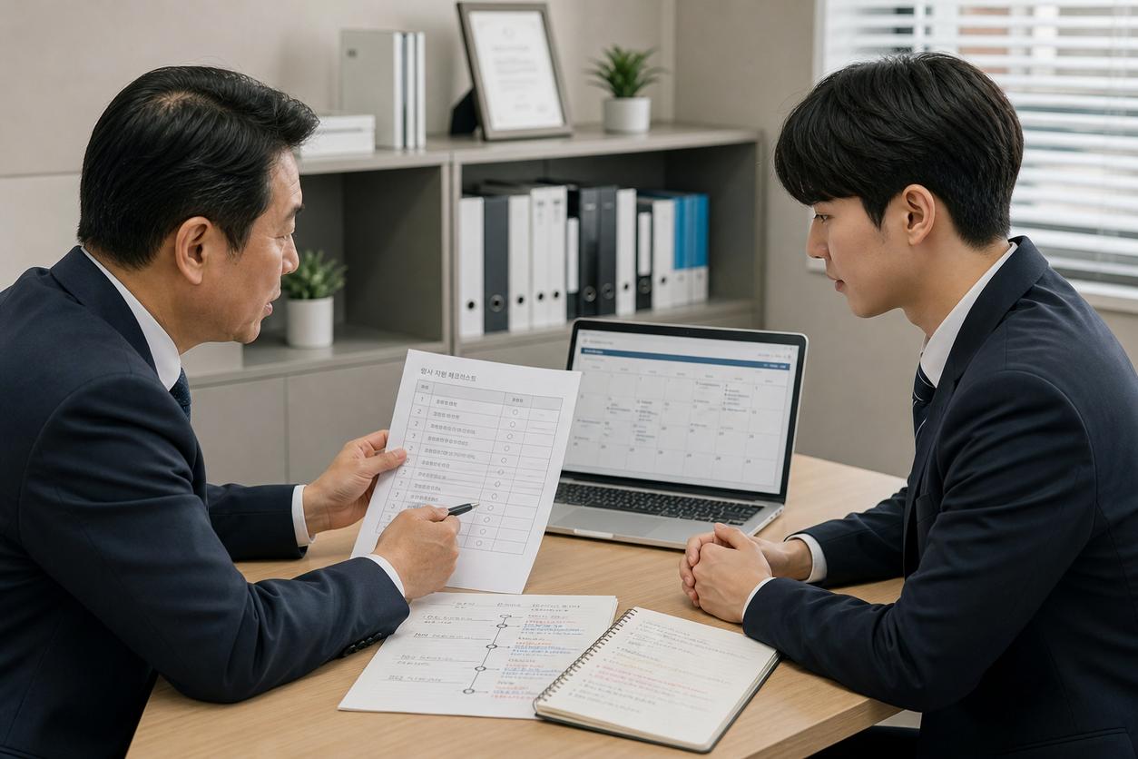 기업과 청년이 신청 순서와 근속 요건을 함께 확인하는 모습