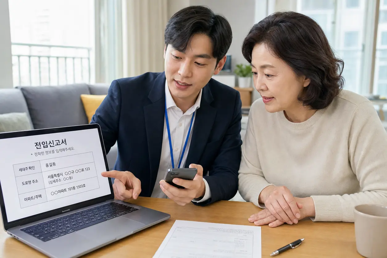 세대 정보와 주소를 확인하며 전입신고를 준비하는 가족 모습