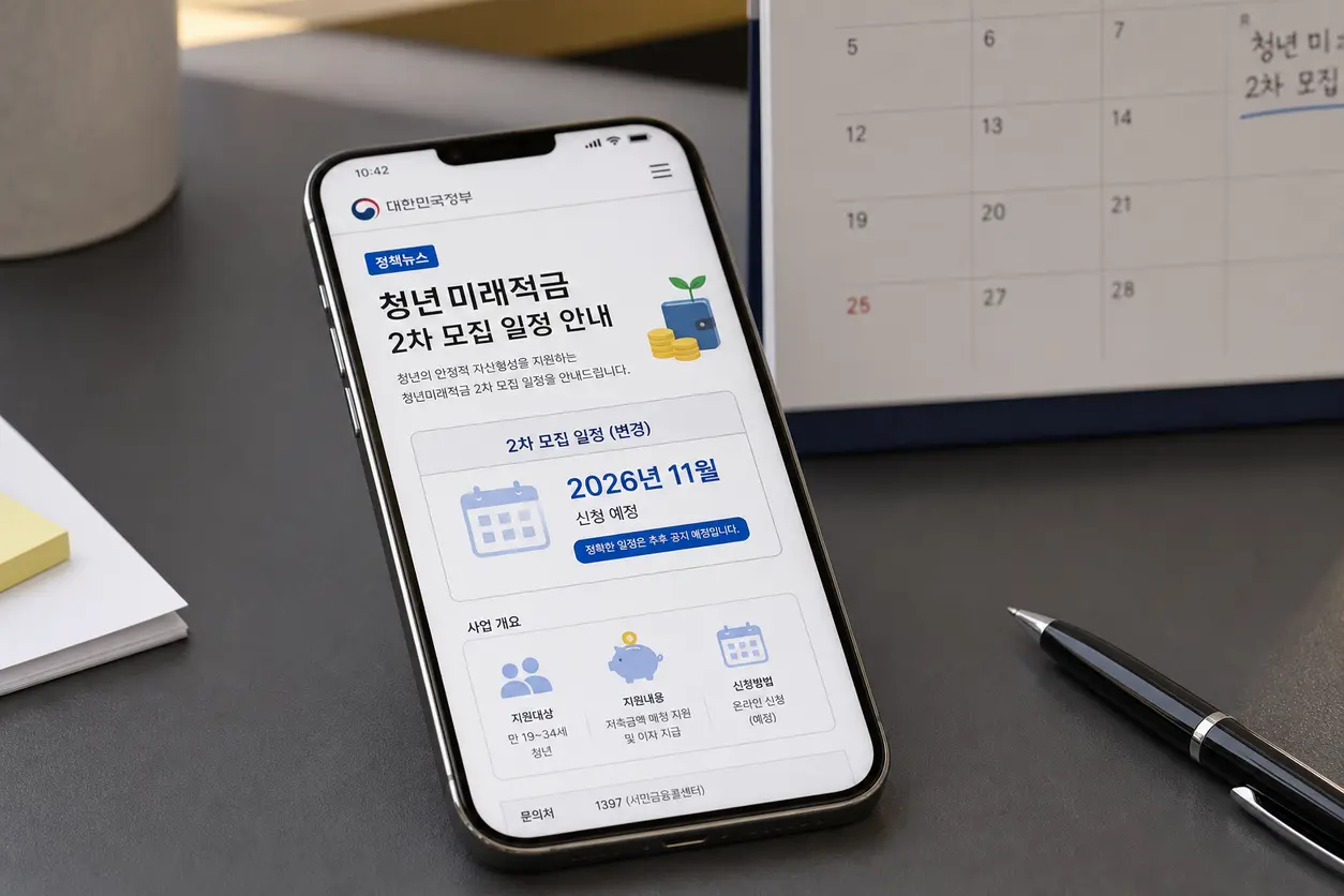 청년미래적금 2차 모집 일정 공지를 확인하는 스마트폰 화면과 달력