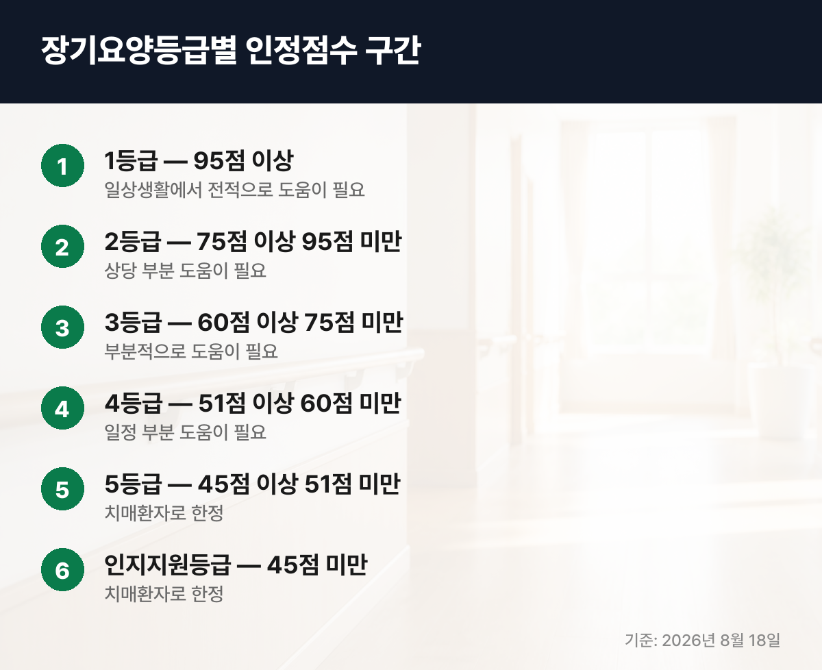장기요양등급 1등급부터 인지지원등급까지 인정점수 구간표